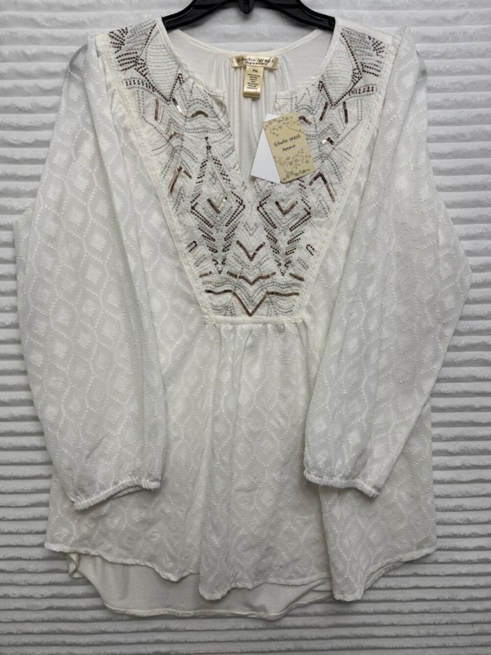 Studio West PXL Ivory Embroidered Sequin Jacquard Tunic Blouse Womens NWT